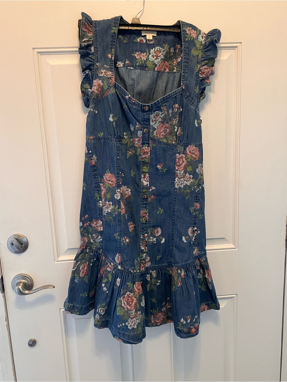 Pilcro Blue Denim Dress with Pink Floral Print